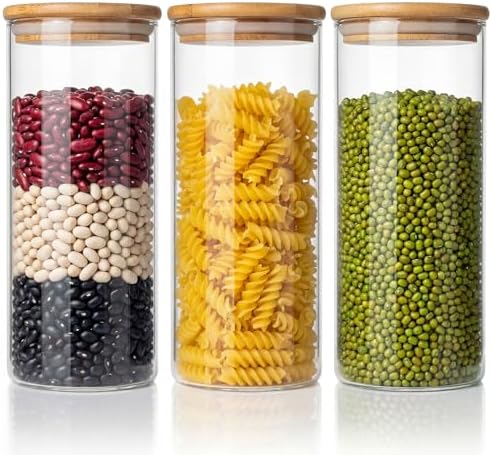 45 oz Round Glass Food Storage Containers with Airtight Bamboo Lids, 3 Pack by HomArtist