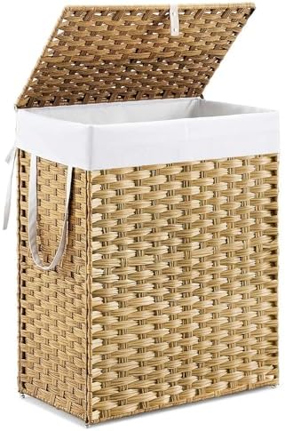 DUMOS Woven Laundry Basket with Lid, 90L Large Capacity Hamper, Removable & Machine-Washable Liner, Foldable Rattan Clothes Hamper, Sturdy Steel Frame, Odor Control, Goose Yellow by DumosLifestyle