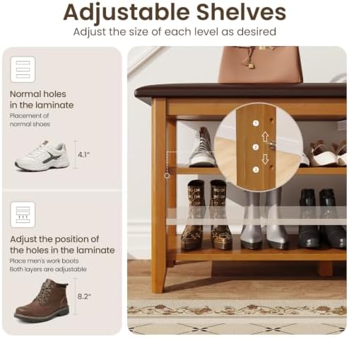 Shoe Rack Bench Entryway, Solid Wood with Leather Cushion 39.3" - Image 4