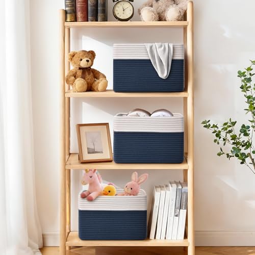 Storage Baskets for Organizing, 4 Pack Baskets for Shelves, Decorative Storage Bins for Shelves, Cotton Rope Storage Basket with Handles, Woven Basket for Storage, 13''Lx8.7''Wx7.9''H, White & Blue - Image 2
