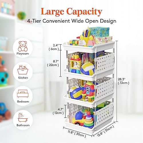 Lifewit Plastic Stackable Storage Baskets, 4 Tier Stacking Bins for Food and Clothes, Multifunctional Organizer for RV, Kitchen, Playroom, Pantry and Bathroom, 13.8"D x 11.8"W x 28.3"H, 1 Pack, White - Image 3