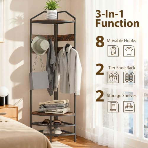 HOMCOM Corner Hall Tree, 4-Tier Coat Rack with Shoe Storage, Rustic Brown - Image 3