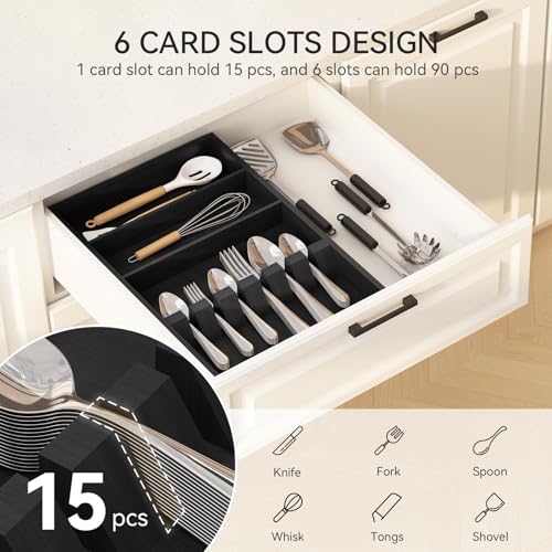 Yofidra Pure Bamboo Silverware Drawer Organizer: 16.5 Inch Large Silverware Utensil Tray Holder, 3-Compartment with 6 Card Slots Kitchen Flatware Organizer Home Essentials, 2024 New Upgrade - Image 2