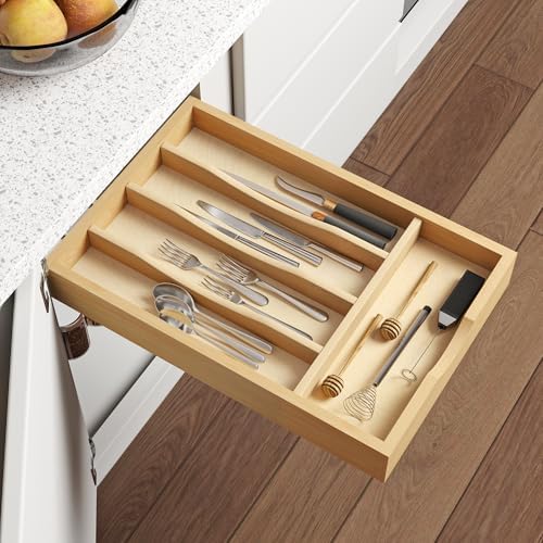 WelFurGeer Solid Birch Wood Silverware Drawer Organizer, Wooden Cutlery Drawer Organizer, Utensil Tray for Kitchen Drawers, Kitchen Utensil Organizer for Silverware, Flatware, Spoons, Forks, Knives - Image 2