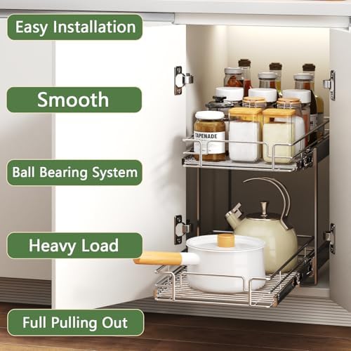 2 Tier Individual Pull Out Cabinet Organizer 15½" W x 21½" D, Heavy Duty Cabinet Pull Out Shelves, Slide Out Drawers Organization for Kitchen Cabinets Bathroom - Image 2