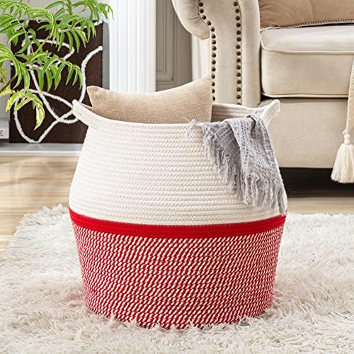 KAKAMAY Woven Baskets for Storage(17"x17"),Large Cotton Rope Woven Baby Laundry Hamper,Collapsible Laundry Basket, Blanket Basket for Organizing Living Room,Nursery,Pillows,Toy Chest(Red) - Image 4