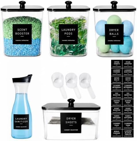 4+1 Pack Laundry Pods Containers & Dryer Sheet Holder & Laundry Detergent Dispenser, Laundry Room Organization and Storage Jars with Lids, Labels and Scoops for Scent Booster, Powder, Pods by Unknown