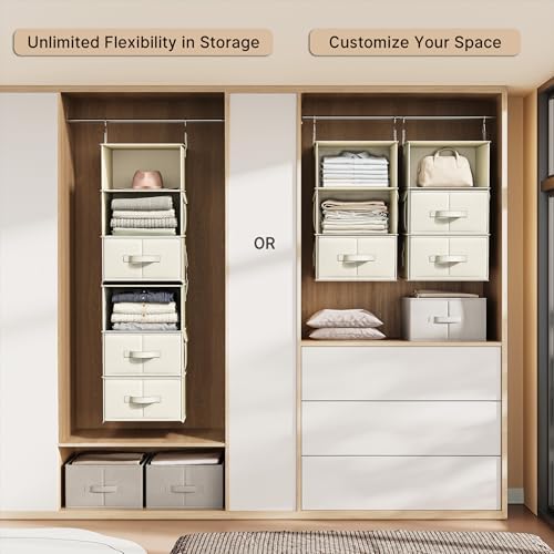 6-Shelf Hanging Closet Organizer with 3 Drawers, 2-in-1 Design, Beige - Image 5