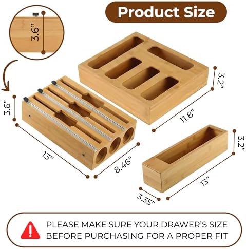 9-in-1 Bamboo Kitchen Drawer Organizer - Storage Bag Holder with Built-In Foil & Wrap Cutter Dispenser - Wooden Food Storage Bag Organizer for Gallon, Quart, Sandwich and Snack Sizes - Image 2