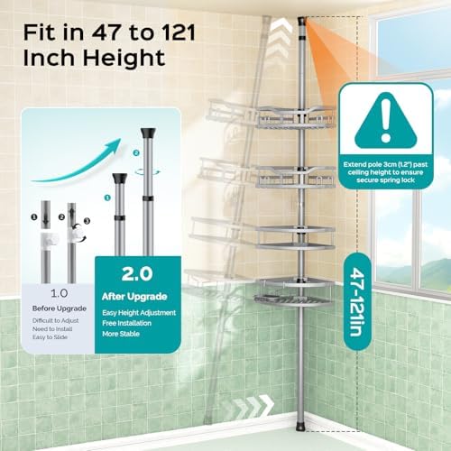 HAMITOR Corner Shower Caddy Tension Pole: Rustproof Stable 4-Tier Bathroom Organizer Shelves for Bathtub Shampoo Storage - 47-121 Inch Quick Install Adjustable Shelf with Soap Rack - Silver Gray - Image 4