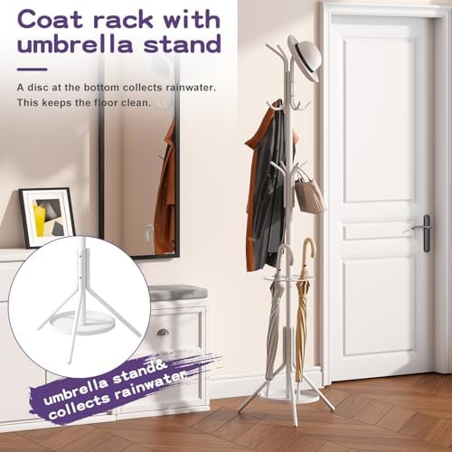 Coat Rack Freestanding Entryway Hanger Stand, Umbrella Holder, Hall Tree With 12 Hooks, Floor Standing Metal Tree Stand, White - Image 6