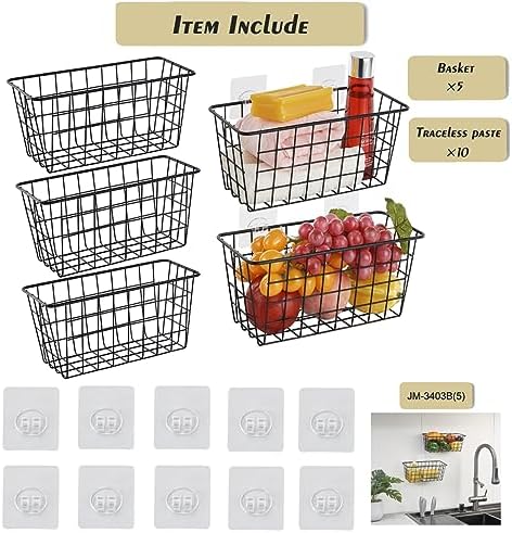 JUNCHU CHERRY 5 Pack Hanging Storage Basket, Bathroom Basket, Household Goods, with Traceless Tape, no Drilling, for Cabinet Storage, Kitchen, Bathroom, Storage Room,Black - Image 3