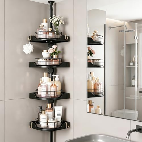 360° Rotating Tension Pole Caddy – 4-Tier Corner Shower Organizer, Height Adjustable 33"–124", Space-Saving for Bathroom, Kitchen Counter, Cabinet Gaps & Bathtub (black) by CISIREE