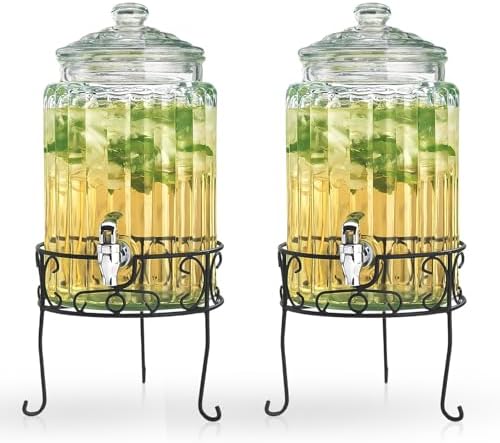 2 PACK 1.5 Gallon Drink dispenser, Glass Beverage Dispenser With Elegant Stand Stand, Drink Dispensers for Parties With Spigot 100% Leakproof. Perfect For Parties And Daily Use by MosJos