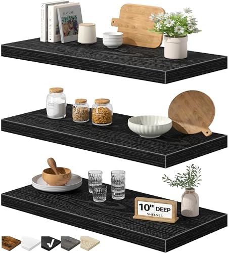 QEEIG 10" Deep Floating Shelves for Wall (Black, Set of 3, 23.6" x 10") by QEEIG