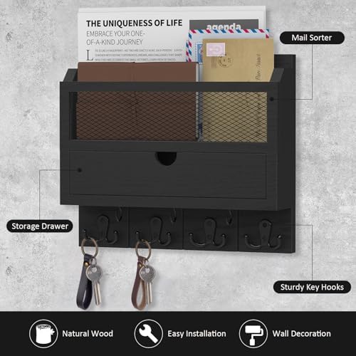 Nekon Mail Organizer with Drawer for Wall, Wooden Key Holder, Black - Image 2