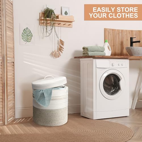 Laundry Hamper with Lid, Woven Laundry Basket，Blanket and Toy Storage Basket for Living Room, Bedroom, Bathroom, Nursery（Brown and White，40L） - Image 6