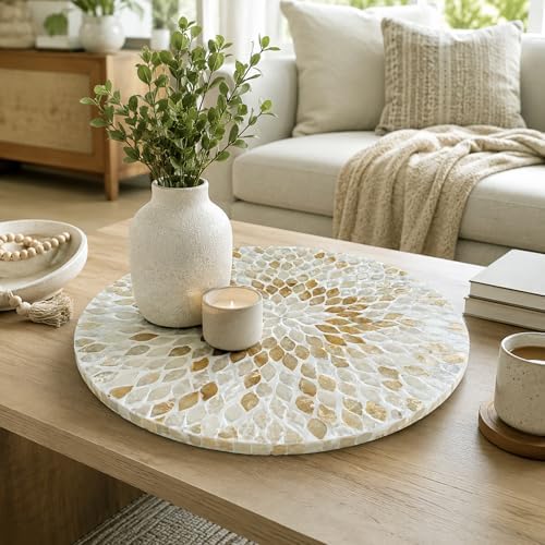 i-lan 18 Inch Mother of Pearl Lazy Susan Turntable, Large Decorative Round Rotating Tray for Dining Table, Kitchen Countertop, Cabinet, Island and Tabletop, Champagne Gold - Image 2