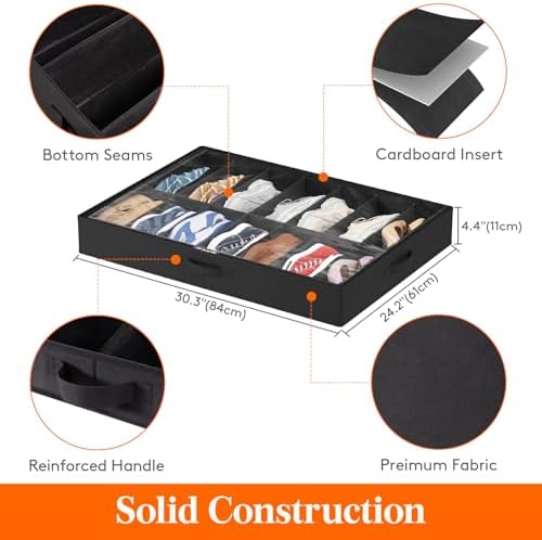 Lifewit Under Bed Shoe Storage Organizer 4 Pack(14 Shoes Cells), 4.3 Inches Tall Low Profile Fabric Shoes Container Box with Clear Cover, Foldable Storage Bag with 2 Handles, Fits 28 to 56 Pairs - Image 3