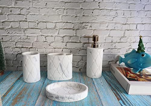 Hymmah Bathroom Accessories Set,Marble Design Toothbrush Holder,Farmhouse Bathroom Decor,4 Pcs Resin Gift Set Apartment Necessities, Contain Toothbrush Cup,Soap Dispenser,Soap Dish,Tumbler - Image 3