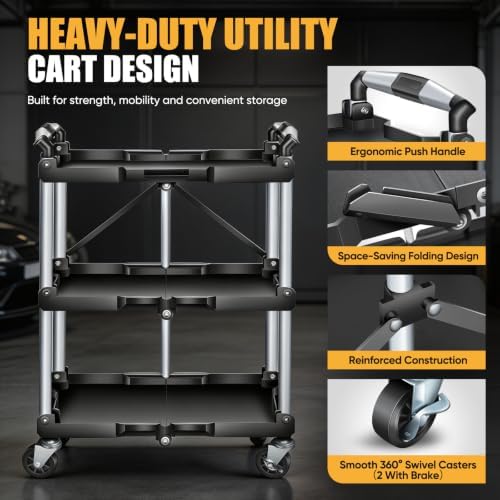 3-Tier Folding Utility Cart, Heavy Duty Rolling Cart with Wheels - Image 5