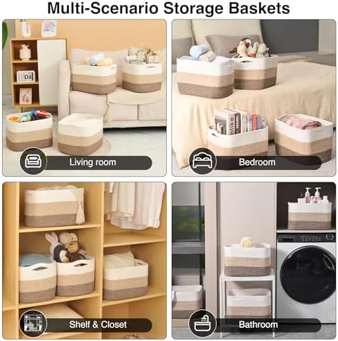 ICERZCZ Storage Baskets for Organizing & Shelves, Woven Cotton Rope Organization Bins for Dog Toys, Clothes, Books, Nursery Organizer, 15"Lx11"Wx9.5"H, (4 Packs) Gradient Brown - Image 5