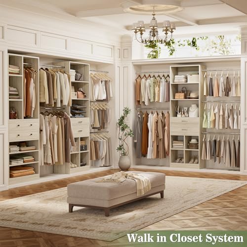 Besiost Closet System, Up to 128.6"/10.7 FT Closet Organizer with 4 Wooden Drawers and Shelves, Walk-in Closet System with 6 Hanging Rods, Built-in Closet Fit 96"/8FT, 120"/10FT, Greige Oak Set 2 - Image 7
