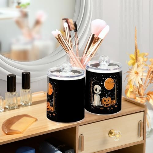 Fustylead 4 Pack Happy Halloween Skull Ghost Pumpkin on Black Background Plastic Apothecary Jar Set for Cotton Swab, Ball, Pad, Floss, Qtip Holder Dispensers for Bathroom Storage Organizer - Image 5