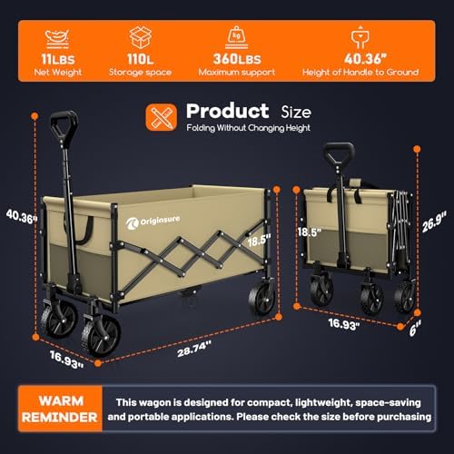 Originsure 110L Portable Collapsible Wagon Cart, 360lbs Heavy Duty, Khaki - Image 3