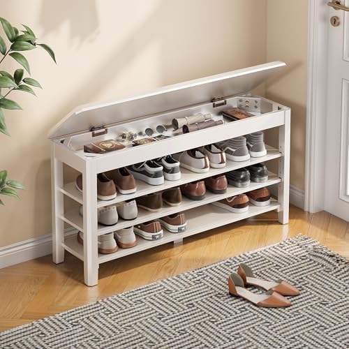 IUNVR Shoe Rack Bench Seat Rubberwood 3-Tier Wooden Storage Bench 550lbs Compact Mid-Century Modern Design for Entryway, Hallway, Closet, Front Door Entrance, Foyer by IUNVR