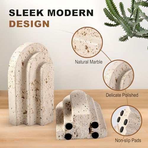 Natural Marble Book Ends - Heavy Duty Bookends for Shelves - Aesthetic Layered Arch Design Stone Book Holders, Unique Modern Office Bookshelf Stopper Decor for Books/CDs(Travertino Turkey) - Image 4