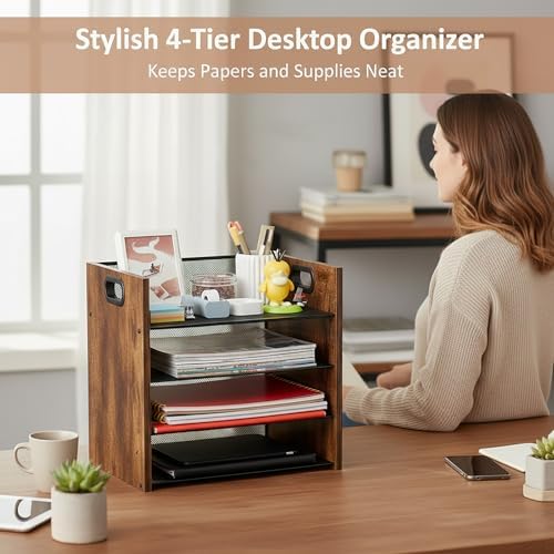 Desk Organizer, 4 Tier Desktop File Organizer and Paper Tray Organizer, Office Desk Accessories for Mail, Documents, Papers, Notebooks and Home Office Storage - Image 4