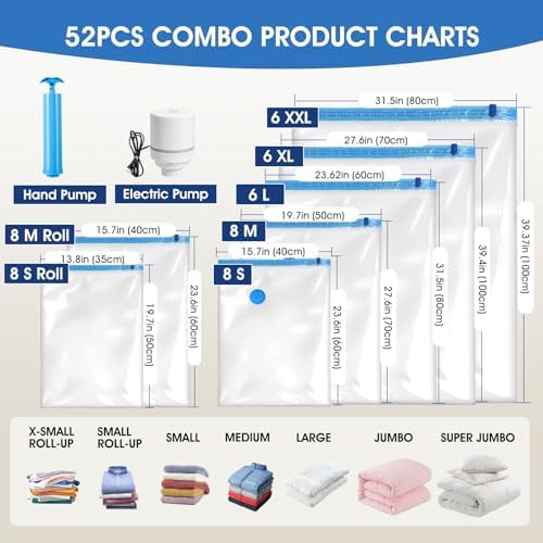 AROIC 50 Pack Vacuum Storage Bags, 5 Sizes + 2 Roll-up (8 Each) Space Saver - Image 2