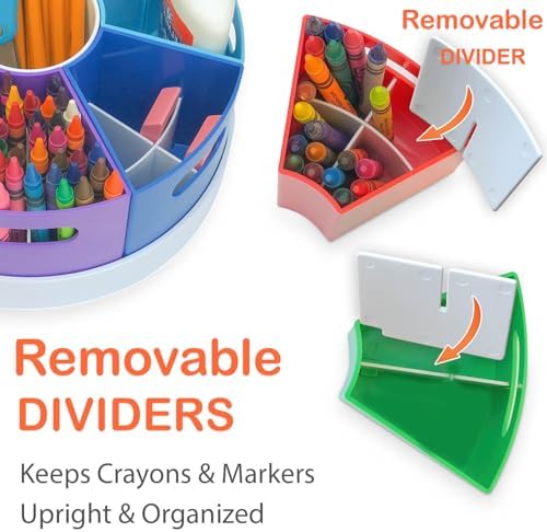 Kids Art Supply Storage Organizer with Dividers – 8.6" Rotating Lazy Susan Caddy for Crayons, Markers & Pencils - Image 2