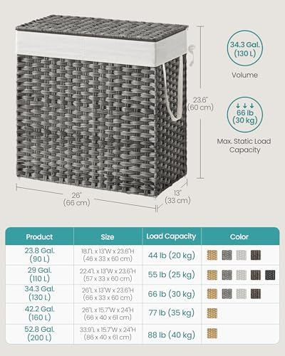 SONGMICS Laundry Hamper with Lid, 130L Double Wicker Basket, 6 Mesh Bags - Image 6
