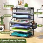 7 Tier Desk File Organizer, Black Metal Letter Tray Paper Organizer with Pull-Out Drawer, Removable Pen Holder & Hanging Basket, Vertical Desktop File Holder for Home Office, Classroom - Image 2