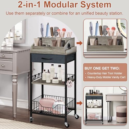 Large Makeup Cart Organizer with Hair Tool Holder, Black and Gray - Image 2