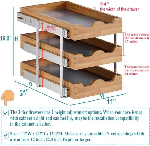 OCG Pull Out Cabinet Drawer 11" W x 21" D, 3 Tier Pull Out Cabinet Organizer, Heavy-Duty Slide Out Drawer for Cabinets, Base Cabinet Organization for Kitchen, Pantry, Bathroom - Image 2