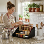 Solid Wood Spice Rack Organizer for Countertop & Cabinet, 4 Tier Adjustable Wooden Spice Shelf with Sliding Track, Premium Step Seasoning Bottle Holder for Kitchen, Cupboard, Pantry & Office, Black - Image 3