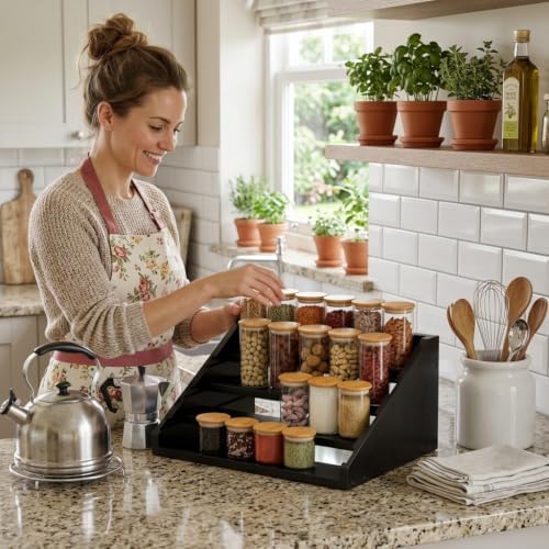 Solid Wood Spice Rack Organizer for Countertop & Cabinet, 4 Tier Adjustable Wooden Spice Shelf with Sliding Track, Premium Step Seasoning Bottle Holder for Kitchen, Cupboard, Pantry & Office, Black - Image 3