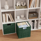 Vagusicc Wicker Storage Basket, Set of 2 Hand-Woven Paper Rope Wicker Baskets, Foldable Cube Storage Bins, Square Storage Baskets for Organizing Shelves & Decor, Green (11″×11″×11″) - Image 3