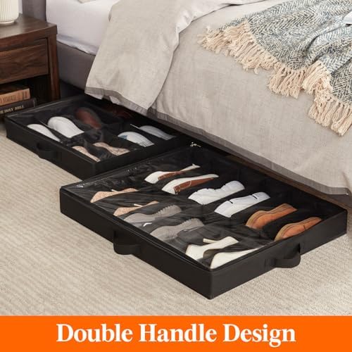 Lifewit Under Bed Shoe Storage Organizer 2 Pack(12 Shoes Cells+4 Boots Cells), 4.3 Inches Profile Fabric Shoes Container Box with Clear Cover, Foldable Storage Bag with 2 Handles, Fits 20 to 32 Pairs - Image 6