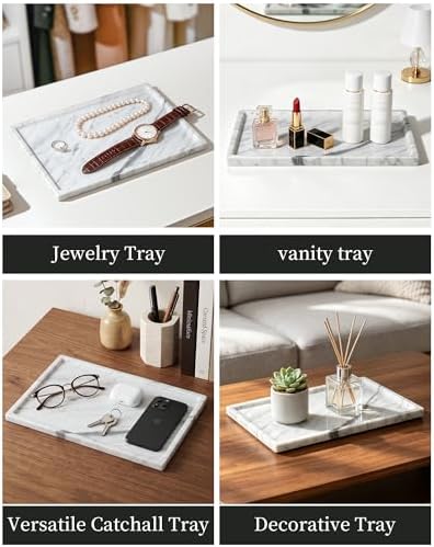 100% Natural Marble Tray for Home Decor, 12"x8" Marble Vanity Tray for Countertop Bathroom Kitchen Dresser, Stone Tray for Jewelry, Cosmetics, Lotion and Perfume - Image 3