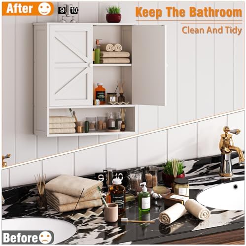 Bathroom Wall Cabinet, White 25.9" x 23.6" Over The Toilet Storage Cabinet, Bamboo Wall Mounted Bathroom Cabinet with Adjustable Shelves for Kitchen & Laundry Room (White) - Image 4