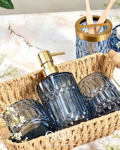 Blue Bathroom Accessories 5 Pcs, Glass Bathroom Accessory Set, Vintage Blue Bathroom Set, Soap Dispenser and Toothbrush Holder Set, Qtip Holder, Bathroom Sets Complete, Modern Bathroom Decor - Image 4