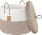 18" X18“ X 14" Large Storage Basket with Lid, Blanket Basket Living Room, Woven Cotton Rope Storage Box, Lidded Kids Dog Toy Bin, Wicker Laundry Basket, Blankets Pillows Organizer Holder by HONCESTA