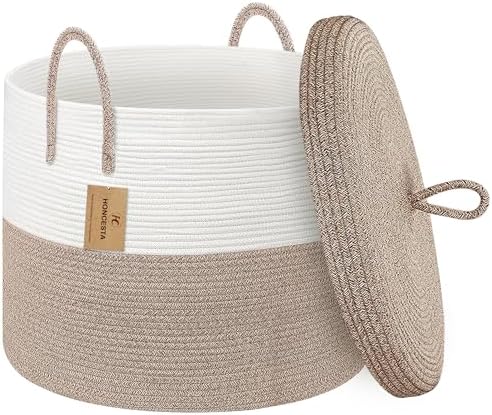 18" X18“ X 14" Large Storage Basket with Lid, Blanket Basket Living Room, Woven Cotton Rope Storage Box, Lidded Kids Dog Toy Bin, Wicker Laundry Basket, Blankets Pillows Organizer Holder by HONCESTA