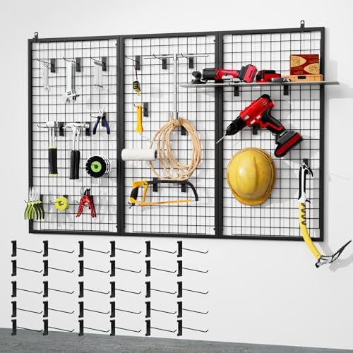 3pcs Grid Wall Panels Display Stand -Wire Grid Hanging Rack with 30 Hooks, Freely Assembled Art Display Panels/Workshop Wall Mount Storage Rack Garage Organization by ztysn