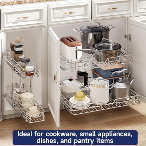 2-Tier Pull Out Cabinet Organizer, 28.5" W x 21.5" D, Heavy Duty Dual Slide Out Shelves for Wide Base Cabinets, Chrome Wire Basket Drawer for Pots, Pans, Pantry & Cleaning Supplies - Image 6