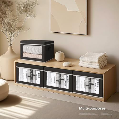Homsorout Large Storage Baskets Bins with Lids - Stackable Cube Bins for Closet, 3 Pack Black Windows Organizer Bins, Home Organizers and Storage for Clothes, CD, Towels - Image 6